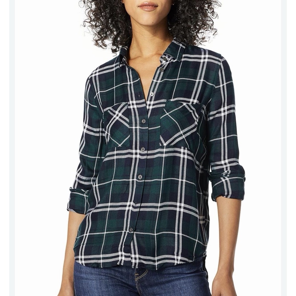 Rails Hunter Plaid Sz M Button Up Shirt Navy Green White Cropped Two Pockets
